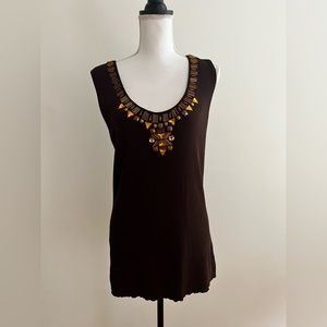 Women’s 1X neckline embellished brown knit sleeveless sweater